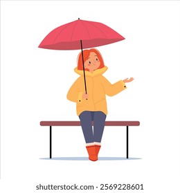 Bad Weather with Woman Character Sit on Bench with Umbrella Walk in Windstorm and Rain Vector Illustration