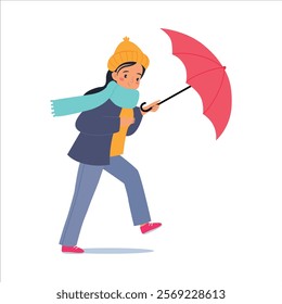 Bad Weather with Woman Character with Umbrella Walk in Windstorm and Rain Vector Illustration