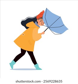 Bad Weather with Woman Character with Umbrella Walk in Windstorm and Rain Vector Illustration