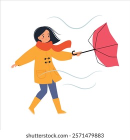 Bad Weather with Woman Character with Umbrella Walk in Windstorm and Rain Vector Illustration