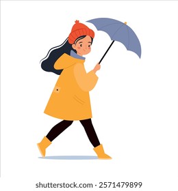 Bad Weather with Woman Character with Umbrella Walk in Windstorm and Rain Vector Illustration