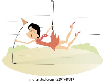 Bad weather and woman on the golf course illustration. Hurricane and frightened woman with a golf club catches the golf flag