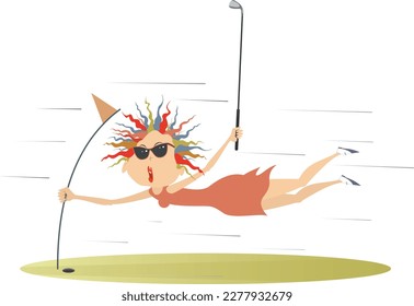 Bad weather and woman on the golf course. 
Strong wind and frightened woman with a golf club catches the golf flag
