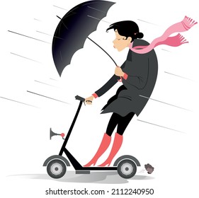 Bad weather. Woman with umbrella rides on scooter illustration. 
Young woman with umbrella rides on scooter under the strong wind and rain isolated on white
