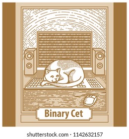 A bad, white cat, lying, asleep on the keyboard, wrote a binary code. Vector illustration.