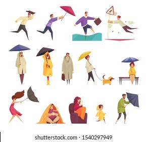 Bad windy rainy weather funny cartoon icons set with people holding flipping inside out umbrellas vector illustration 