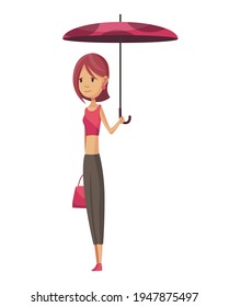 Bad windy rainy weather funny cartoon people icon. Woman with umbrella standing under rain. Character with parasol
