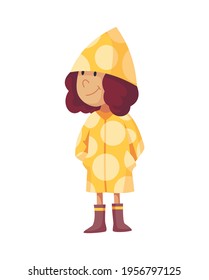 Bad windy rainy weather funny cartoon people icon. Girl in raincoat and rubber boots standing under rain. Character with rainwear clothes