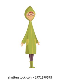 Bad windy rainy weather funny cartoon people icon. Man in raincoat standing under rain. Character with rainwear clothes