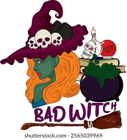 Bad Witch With Broom Pot And Witchcraft Vector