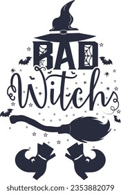 Bad Witch text with witch hat and shoes and broomstick. Illustration for prints on t-shirts and bags, posters, cards. 31 October vector design. Isolated on white background.