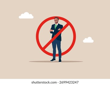 Bad worker man. Round sign with crossed businessman. Burnout from tiring work or demotivation from failure. No man entry. Vector flat illustration