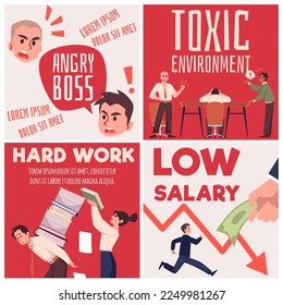 Mal ambiente de trabajo banners o recolección de tarjetas - problemas de jefe malvado y ambiente tóxico, bajo salario y estrés laboral, ilustración plana vectorial.