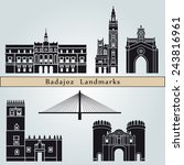 Badajoz landmarks and monuments isolated on blue background in editable vector file