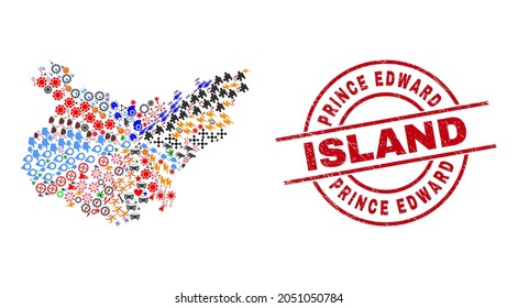 Badajoz Province map collage and Prince Edward Island red round watermark. Prince Edward Island badge uses vector lines and arcs. Badajoz Province map collage contains helmets, houses, screwdrivers,