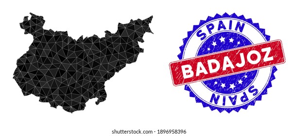 Badajoz Province map polygonal mesh with filled triangles, and distress bicolor stamp imitation. Triangle mosaic Badajoz Province map with mesh vector model, triangles have variable sizes,