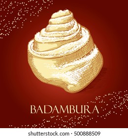 Badambura - this is a national sweet pastries in Azerbaijan. Vector illustration of badambura with the almond. Food illustration for design, menu, cafe billboard.