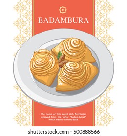 Badambura - this is a national sweet pastries in Azerbaijan. Vector illustration of badambura with the almond. Food illustration for design, menu, cafe billboard. 
