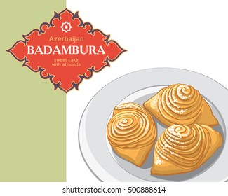 Badambura - this is a national sweet pastries in Azerbaijan. Vector illustration of badambura with the almond. Food illustration for design, menu, cafe billboard. 