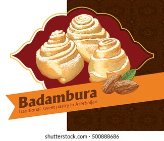 Badambura - this is a national sweet pastries in Azerbaijan. Vector illustration of badambura with the almond. Food illustration for design, menu, cafe billboard. 