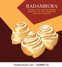Badambura - this is a national sweet pastries in Azerbaijan. Vector illustration of badambura with the almond. Food illustration for design, menu, cafe billboard.  svg