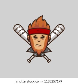 Badass Ape Head Character Logo Mascot Esport. Violent Monkey Biker Gang With Crossed Baseball Bat Illustration