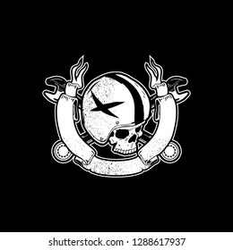 Badass Biker Skull Head With Helmet And Ribbon Black And White Vector Template