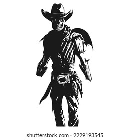 badass cowboy skeleton tattoo hand drawn vector black and white clip art