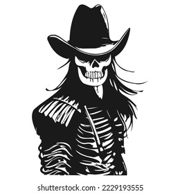 badass cowboy skull tattoo hand drawn vector black and white clip art