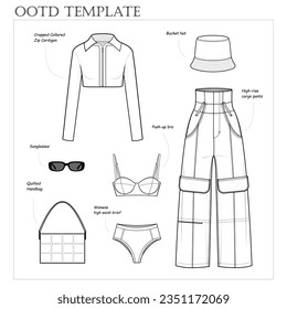 Badass female outfit fashion flat technical drawing template. High-rise cargo pants, crop Collared Zip top, Handbag, Sunglasses, Bucket hat , push up bra, womens brief. collection. OOTD. CAD mockup.