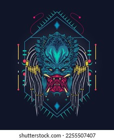 Badass monster face with ornament background