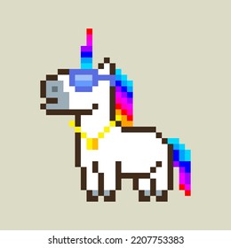 Badass Pixel Unicorn With Rainbow Hair And Rainbow Horn, With Sunglasses.