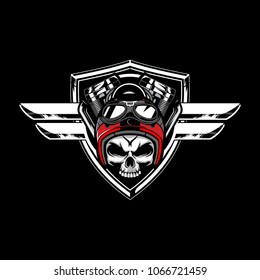 badass skull wear helmet with engine motorcycle wing and shield