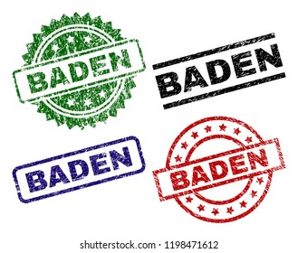 BADEN seal prints with corroded surface. Black, green,red,blue vector rubber prints of BADEN tag with unclean surface. Rubber seals with round, rectangle, medallion shapes.