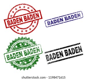 BADEN BADEN seal prints with corroded texture. Black, green,red,blue vector rubber prints of BADEN BADEN tag with corroded texture. Rubber seals with round, rectangle, medallion shapes.