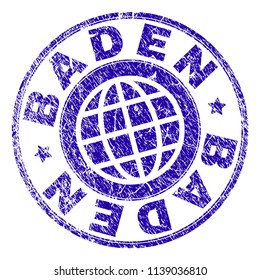 BADEN stamp print with grunge texture. Blue vector rubber seal print of BADEN title with grunge texture. Seal has words arranged by circle and globe symbol.