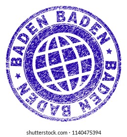 BADEN BADEN stamp print with grunge texture. Blue vector rubber seal print of BADEN BADEN tag with grunge texture. Seal has words arranged by circle and globe symbol.