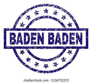 BADEN BADEN stamp seal watermark with grunge texture. Designed with rectangle, circles and stars. Blue vector rubber print of BADEN BADEN text with corroded texture.