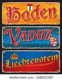 Baden, Vaduz, Liechtenstein, Schweizer Stadtschilder und Reiseaufkleber, Vektorgepäck-Etiketten. Die Schweiz: Reisetipps-Schilder und Gepäckbeschriftungen mit den Zeichen und Flaggen der Schweizer Städte