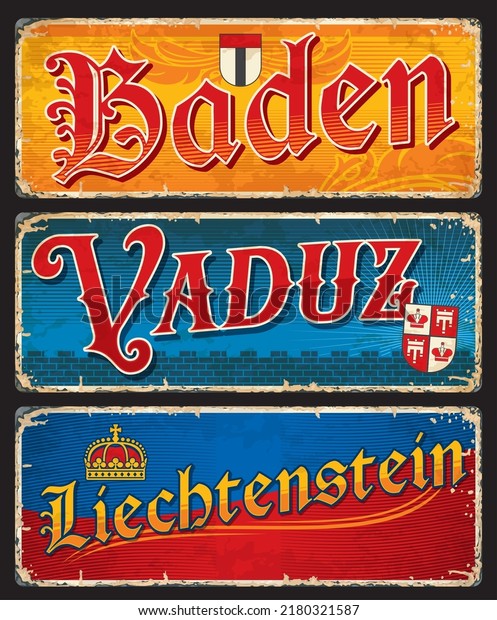 Baden, Vaduz,\
Liechtenstein, Swiss city plates and travel stickers, vector\
luggage tags. Switzerland travel trip tin signs and tourism baggage\
labels with Swiss cities emblems and\
flags