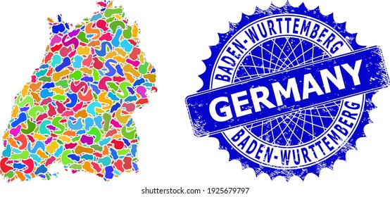 Baden-Wurttemberg Land map abstraction. Spot map collage and scratched stamp for Baden-Wurttemberg Land. Sharp rosette blue stamp with text and Baden-Wurttemberg Land map.