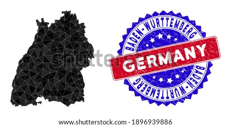 Baden-Wurttemberg Land map polygonal mesh with filled triangles, and distress bicolor stamp. Triangle mosaic Baden-Wurttemberg Land map with mesh vector model, triangles have different sizes,