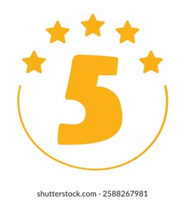 Badge. 5 stars. Best rating. Hand drawn illustration on white background.