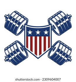 badge with the American flag and two crossed barbells