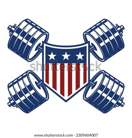 badge with the American flag and two crossed barbells