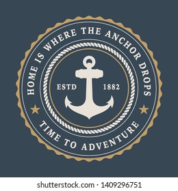 Badge with anchor and rope on a dark background. The text is in a separate group.