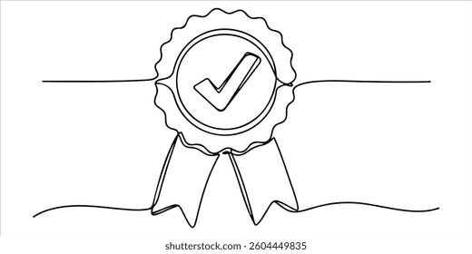 badge Approval check sign continuous single line art drawing sketch on white background