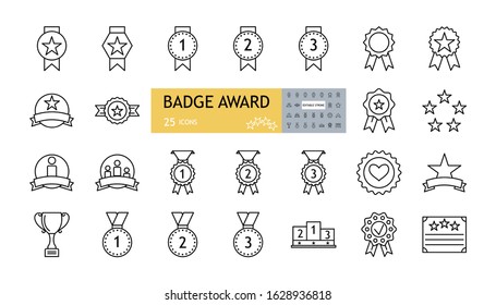 Badge award set icons. A collection of 25 linear images with an editable stroke. Medals with a star, a heart, on a garter, with a ribbon, a podium, a sports cup. Flat vector illustration on white back