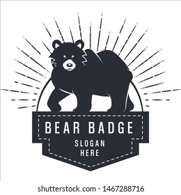 badge with bear mascot, sunrise and spruce forest for summer camp, expedition club. Label for adventure club or recreation center. Mascot symbol for scouts and active travelers