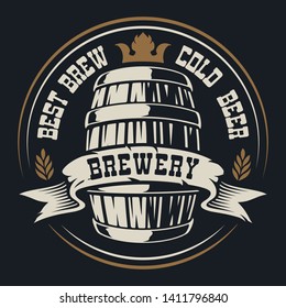 Badge with beer barrel on a dark background. 